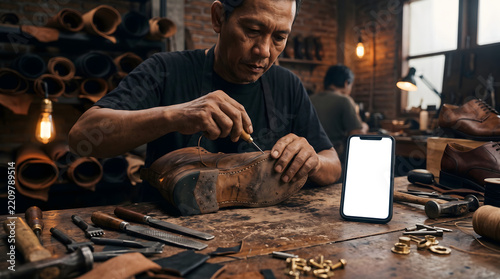 A skilled shoemaker meticulously repairs a worn leather boot on a cluttered workbench, using tools while glancing at a smartphone with a blank white screen. The artisan shop features exposed brick.