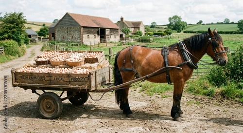 Brown workhorse pulling wooden cart loaded with logs.
