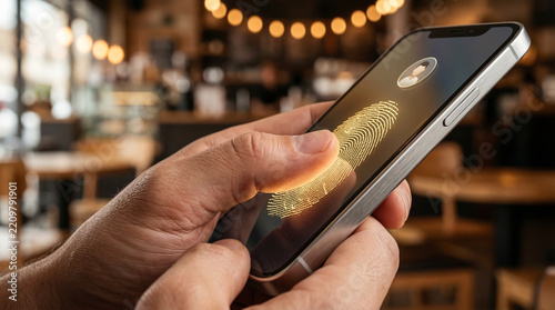 Man holding smartphone and scanning a glowing orange digital fingerprint icon