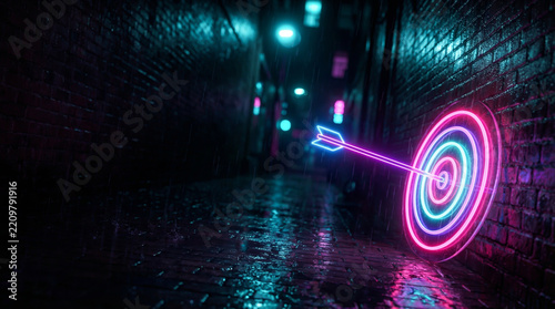 Glowing neon arrow hitting a circular target on a dark rainy brick wall alley