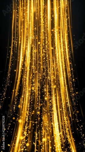 Vertical golden light streaks with sparkling particles background.