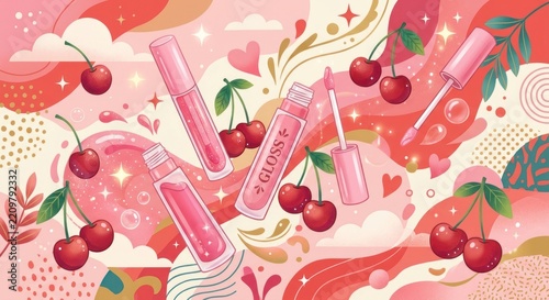 Whimsical illustration of lip gloss tubes with cherries and hearts.