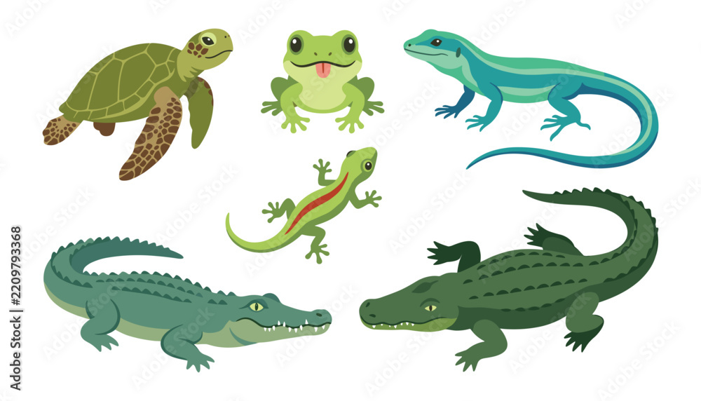 Fototapeta premium Vector illustration collection of cute cartoon reptiles and amphibians including turtle frog lizard gecko alligator and crocodile