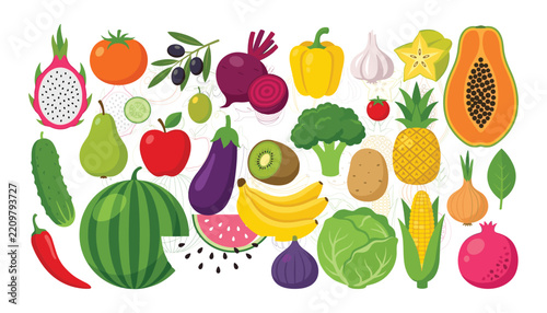 Large set of colorful fresh fruits and vegetables icons isolated on white background flat design vector illustration