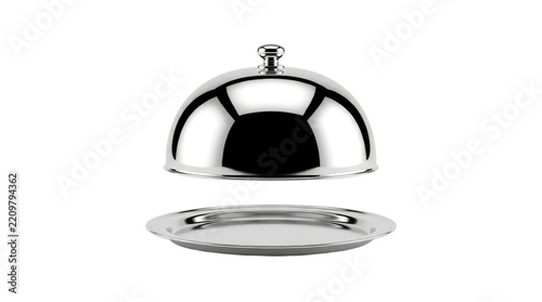 Silver restaurant cloche and serving tray closed position on png background