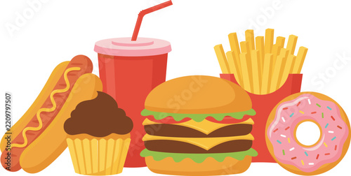 Fast food set with burger hot dog french fries soda cup donut and chocolate cupcake vector illustration isolated on white background