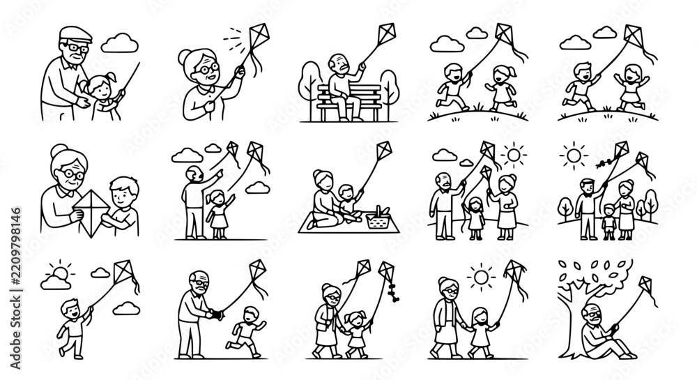 Fototapeta premium Happy Family Flying Kites Outdoors, Set of Line Art Icons