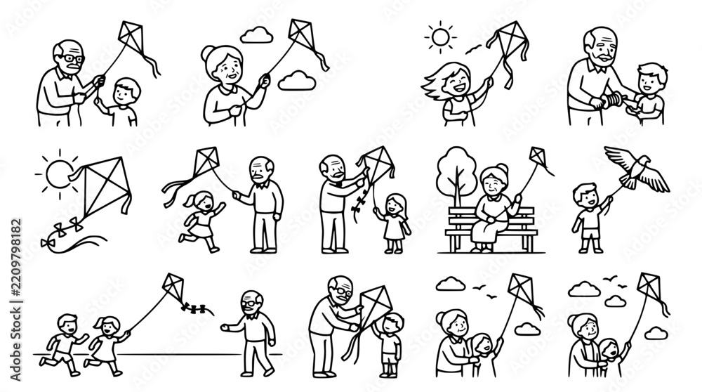 Fototapeta premium Family Flying Kites Together, Outdoor Activities, Summer Fun, Isolated