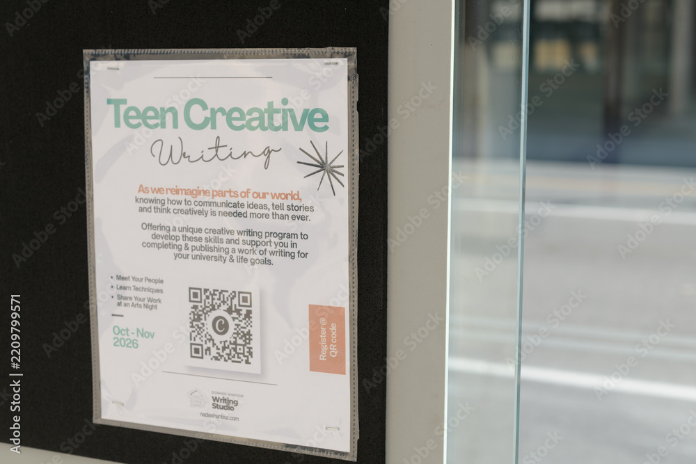 Fototapeta premium street poster inside a transit shelter in Toronto (Teen Creative Writing)