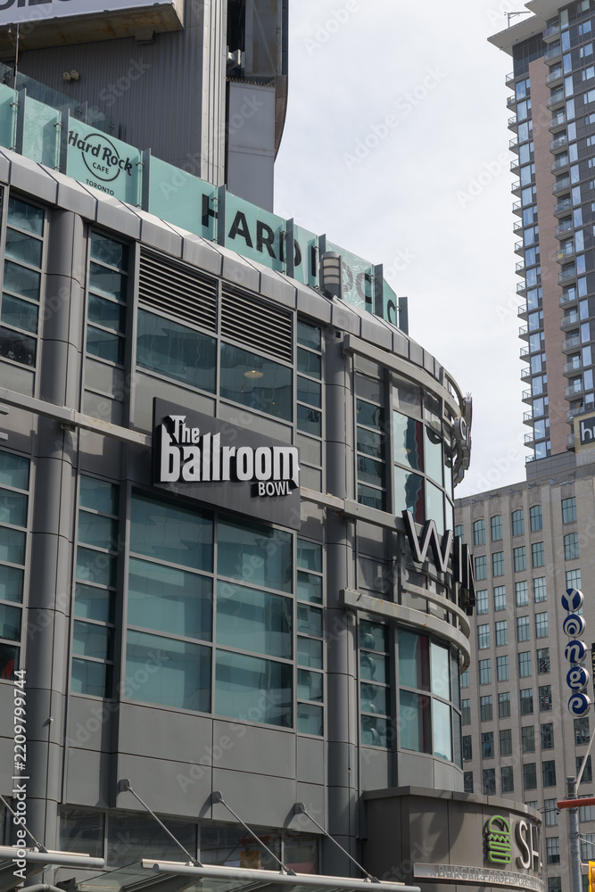 Fototapeta premium exterior signage for The Ballroom, Winners, and Hard Rock Cafe outside The Tenor, a shopping mall, (northeast corner of Sankofa Square, Dundas E and Yonge St), Toronto
