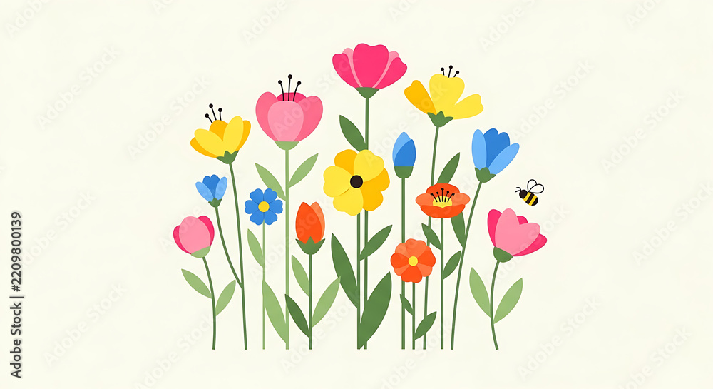 Obraz premium Colorful Wildflowers and Honeybee Vector Illustration