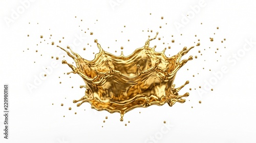 Golden Liquid Crown Splash Design Featuring Metallic Fluid Motion and Dynamic Droplets Isolated on Plain White Background