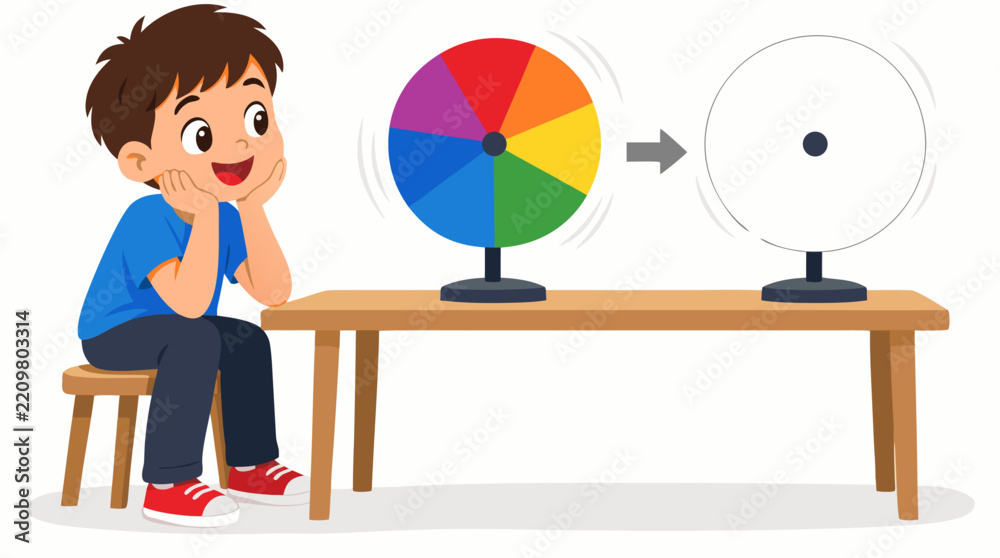 Obraz premium Vector illustration of a curious young boy sitting on a wooden stool with chin propped on both hands while observing a spinning rainbow color wheel blend into white during a science experiment
