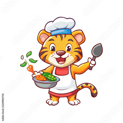 Cute cartoon tiger chef cooking with a frying pan and vegetables