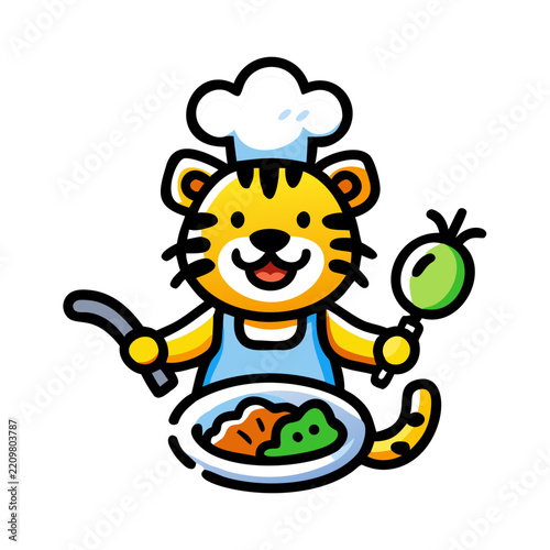 Cute cartoon tiger chef cooking food with a frying pan in flat vector