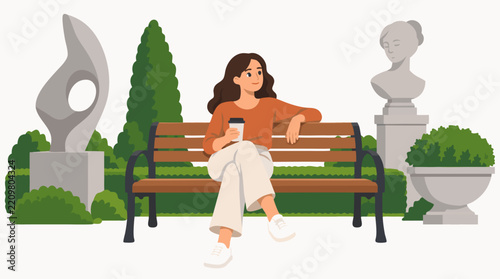 Young woman relaxing with coffee on park bench in quiet outdoor sculpture garden with modern abstract statue and classical bust surrounded by green bushes vector illustration on white background