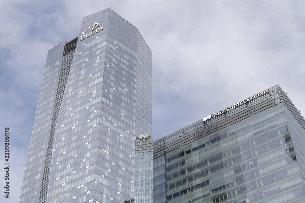 Fototapeta premium west elevation of Delta hotel, 75 Lower Simcoe and Marsh/McLennan office tower in the Southcore Financial area, Toronto