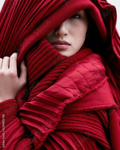 A close-up portrait of a young woman draped in a vibrant red pleated fabric, her face partially obscured, creating an aura of mystery and elegance