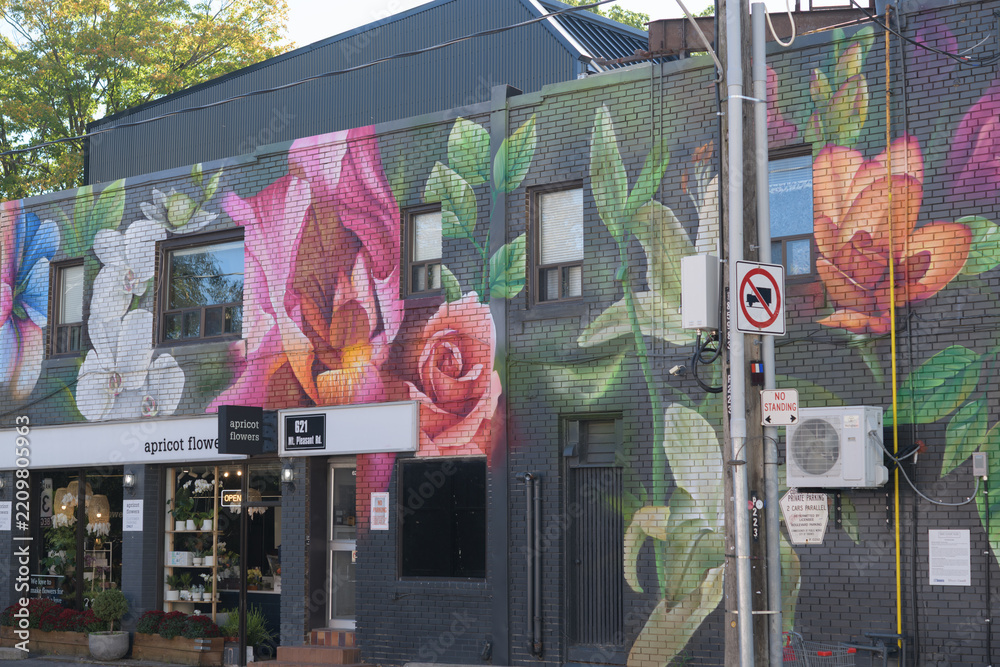 Fototapeta premium exterior large florals mural and sign of apricot flowers, a florist, located at 621A Mount Pleasant Rd, Toronto