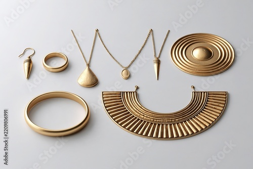 A collection of exquisite gold jewelry, including necklaces, rings, earrings, and bracelets, arranged elegantly. The pieces showcase intricate designs and a timeless aesthetic.