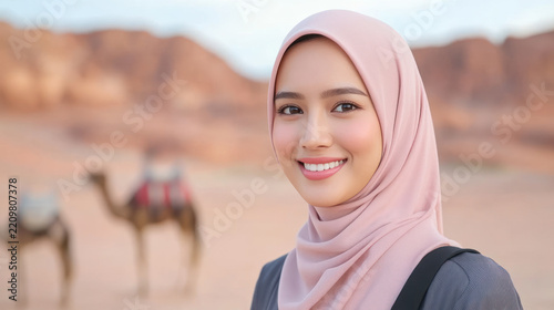 Indonesian woman wearing Muslim apparel hijab smiling traveling in the desert with camel