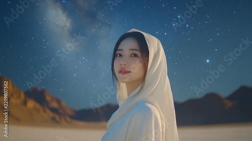 Chinese woman wearing traditional Muslim hijab with star light for Eid al-Adha mubarak background