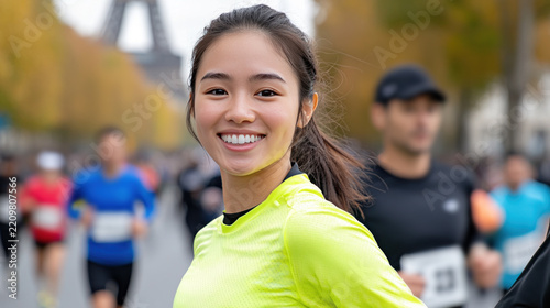 Indonesian runner woman exercising in paris marathon with Eiffel Tower in background