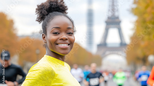African runner woman exercising in paris marathon with Eiffel Tower in background