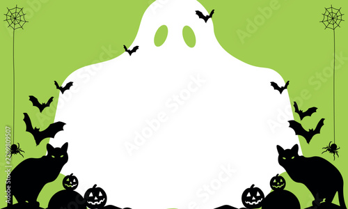 Halloween Party Invitation Template with Cute Ghost Black Cats and Pumpkins on Green Background