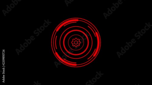 Futuristic red circular loading target interface with concentric rings, segmented progress markers, central gear symbol, and glowing digital elements