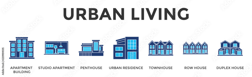 Fototapeta premium Urban Living Banner Web Icon Set Collection Pack Vector Illustration Concept Containing Explore Diverse Urban Homes Designed For Modern City Living And Comfortable Lifestyles