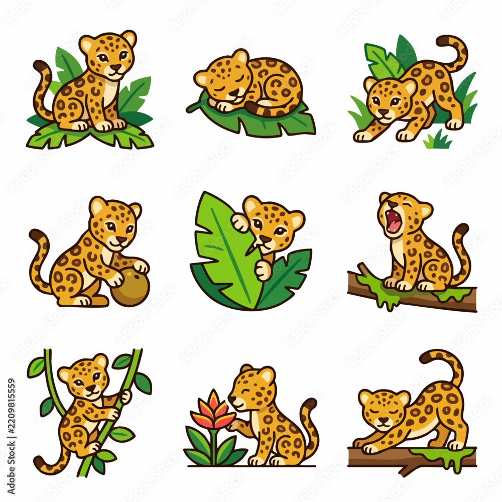 Obraz premium Cute baby leopard cub in various playful jungle poses cartoon illustration