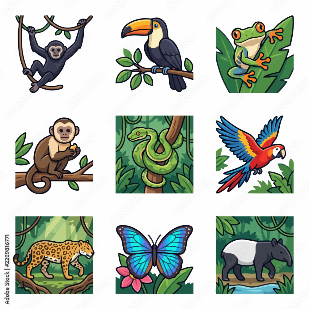 Obraz premium Jungle wildlife collection featuring tropical animals and plants