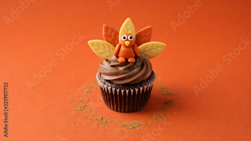 A festive thanksgiving cupcake decorated with a cute fondant turkey topper and autumn leaves, set against a vibrant orange background with a dusting of cinnamon