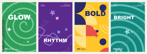 Collection featuring four distinct vertical panels with bright colors and minimal shapes including text elements arranged neatly in a row for creative visual presentations.