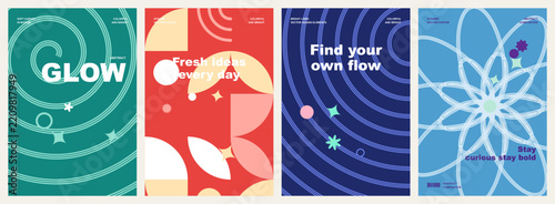 Modern promotional posters exhibit swirling spiral designs, geometric semi-circles, and floral line art in rich teal, red, dark blue, and light blue color combinations.