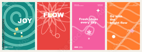 Posters set featuring vibrant colorful geometric shapes and abstract typographic layouts with modern design elements displayed horizontally across a light background surface.