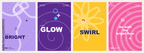 Modern promotional posters highlighting bold typography and swirling abstract lines over colorful backgrounds for artistic branding and design displays.