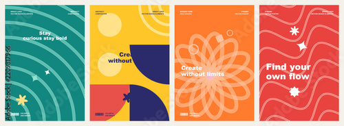 Colorful graphic design posters showcasing organic curves and minimalist motivational typography set against vibrant solid backdrops for creative projects.