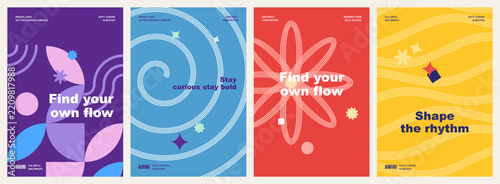 Minimalist geometric posters featuring bright retro typography and colorful abstract patterns for modern interior decoration and creative visual design projects.