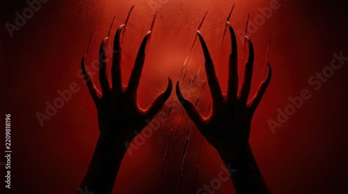 Horrific demonic hands with extremely long, sharp, pointed nails aggressively scratching a textured, blood-red illuminated surface, casting dark silhouettes and creating an unsettling, terrifying, and