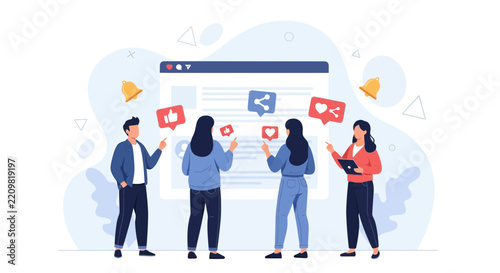 Diverse group interacting with social media interface, engaging with likes, shares, and notifications.