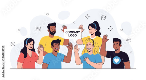 Diverse Group of People Holding Company Logo Sign, Waving Hello and Showing Teamwork and Unity