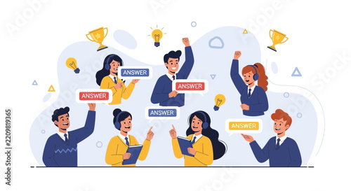 Diverse group of people in a competition, raising hands with 