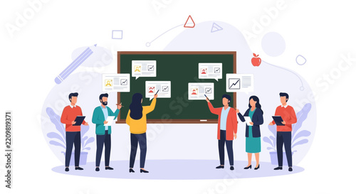 Diverse group of people in a presentation or classroom setting, discussing charts and graphs on a blackboard.
