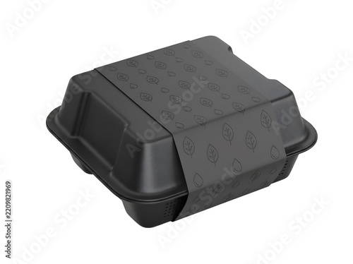 Black takeaway food container with an eco friendly leaf patterned band, ideal for restaurant branding and delivery.