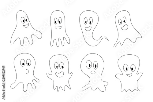 Ghost collection features eight different happy and spooky cartoon characters perfect for childrens coloring pages and holiday activities