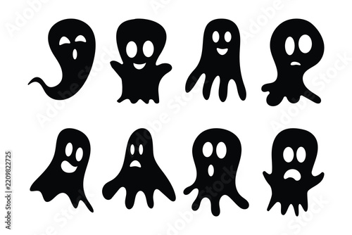 Spooky ghost illustrations featuring a variety of expressions and shapes perfect for Halloween decorations or design elements