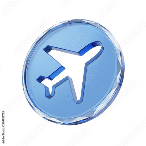 Blue glass round button with airplane symbol for travel app navigation.