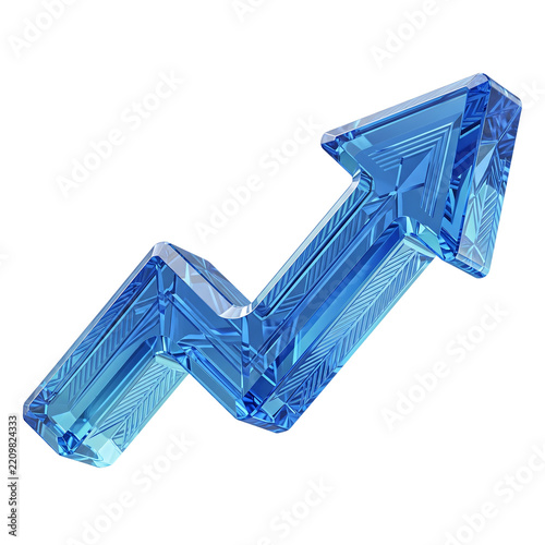 Three dimensional blue glass growth arrow chart icon isolated on transparent background.